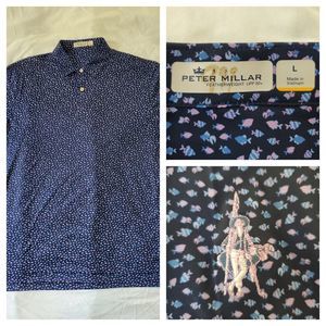 Peter Millar Featherweight Golf Polo Mens L UPF 50+ Printed Fish Performance